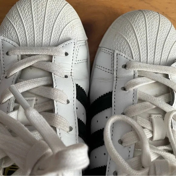 Adidas Original Superstar White Leather Three Stripe Sneakers Black Women's 6 - Picture 7 of 11